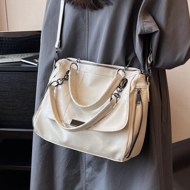 Retro Large Capacity Tote Bag  New Women's Unique Side Zipper Design PU Crossbody Bag Commuter School Classroom Lady Handbag