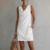 Rochie scurtă la modă 2026, europeană și americană, de culoare solidă, cu drapaj, fără mâneci, gât înalt, cu buzunar, pentru femei