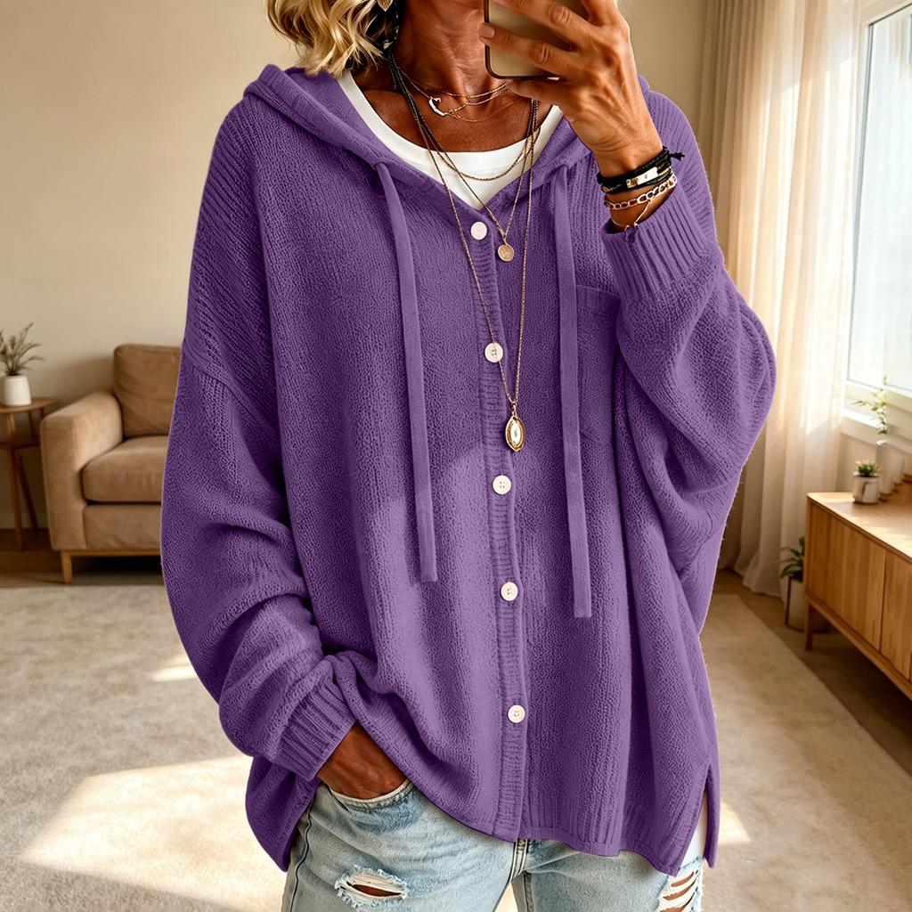 Women's Color Hooded Knit Cardigan with Buttons for Casual Daily Wear