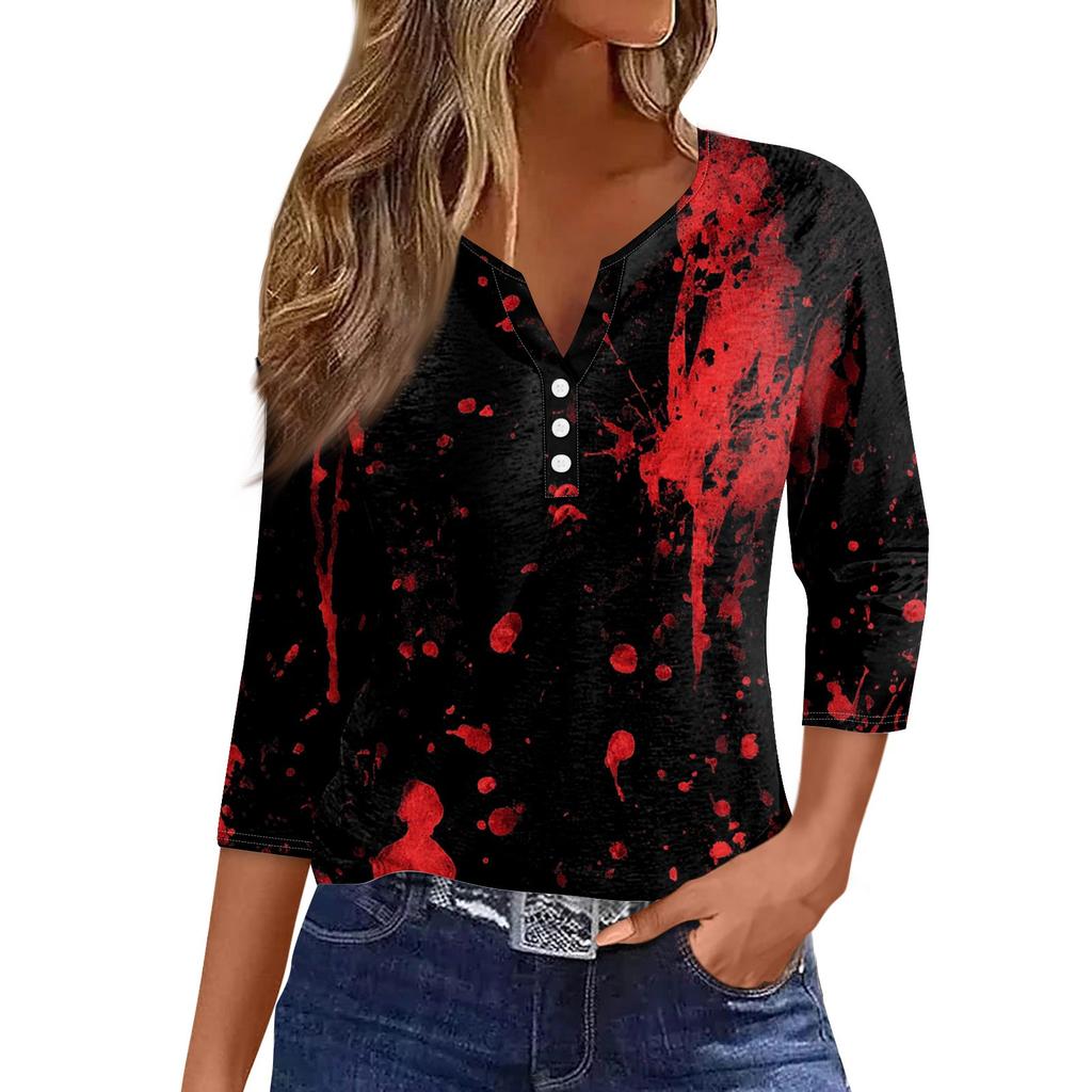 Women's Fashion Casual Halloween Printed V.Neck Short Sleeve Decorative Button Three.quarter Sleeve T-shirt Tor