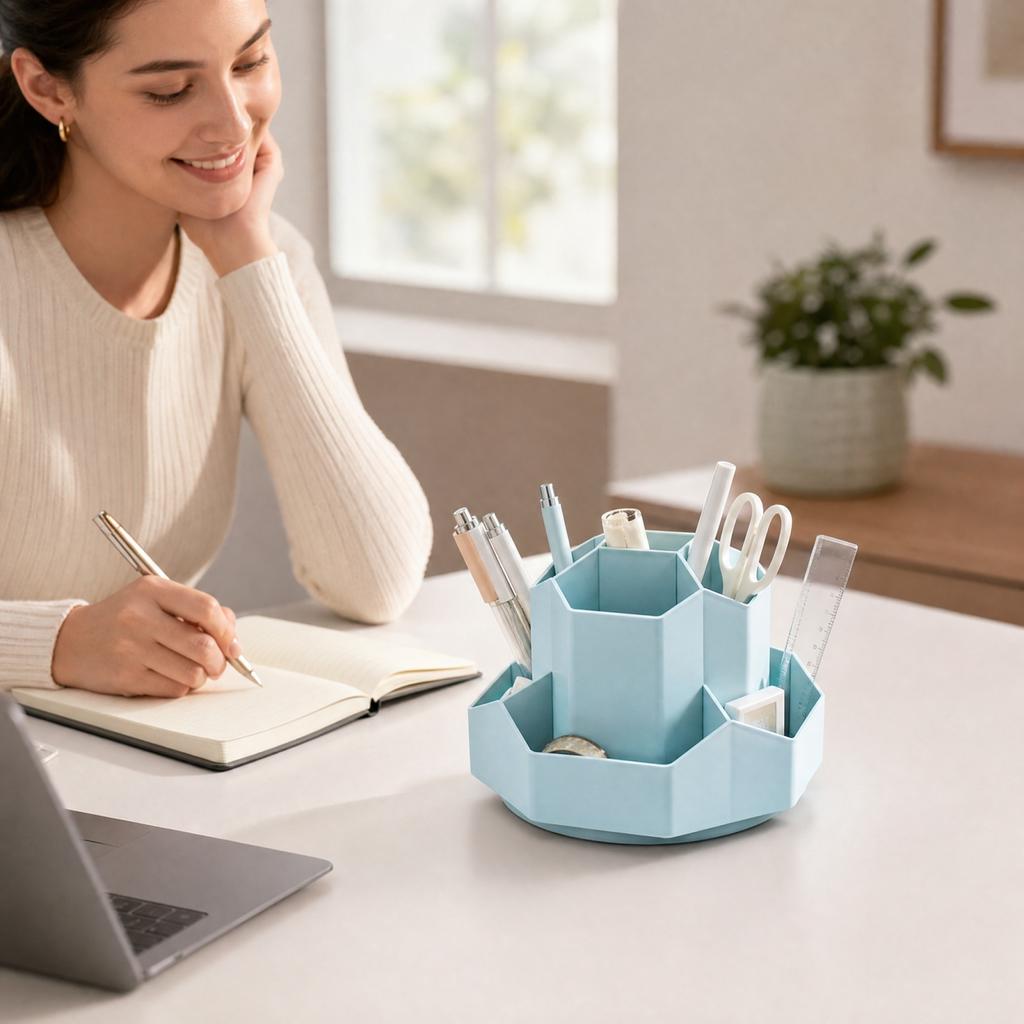 Large Capacity Plastic Rotating Pencil Holder for Pens and Desk Organization