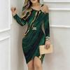 Women Plus Size Asymmetric Cold Shoulder Long Sleeve Dusty Purple Gold Glitter Print Irregular Wrap Bodycon Midi Dress