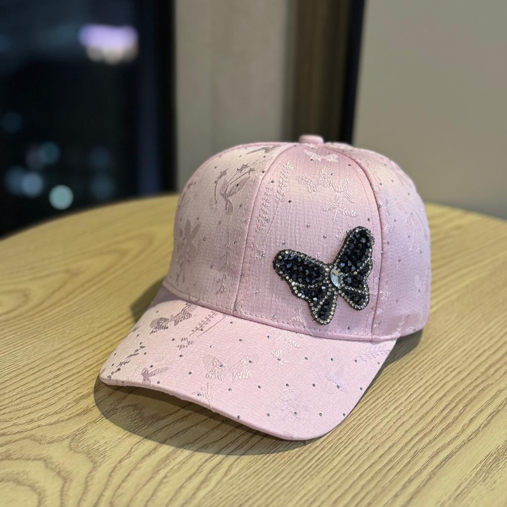 New rhinestone butterfly baseball cap for women, stylish and versatile for spring and summer, sun protection hat with lace pattern