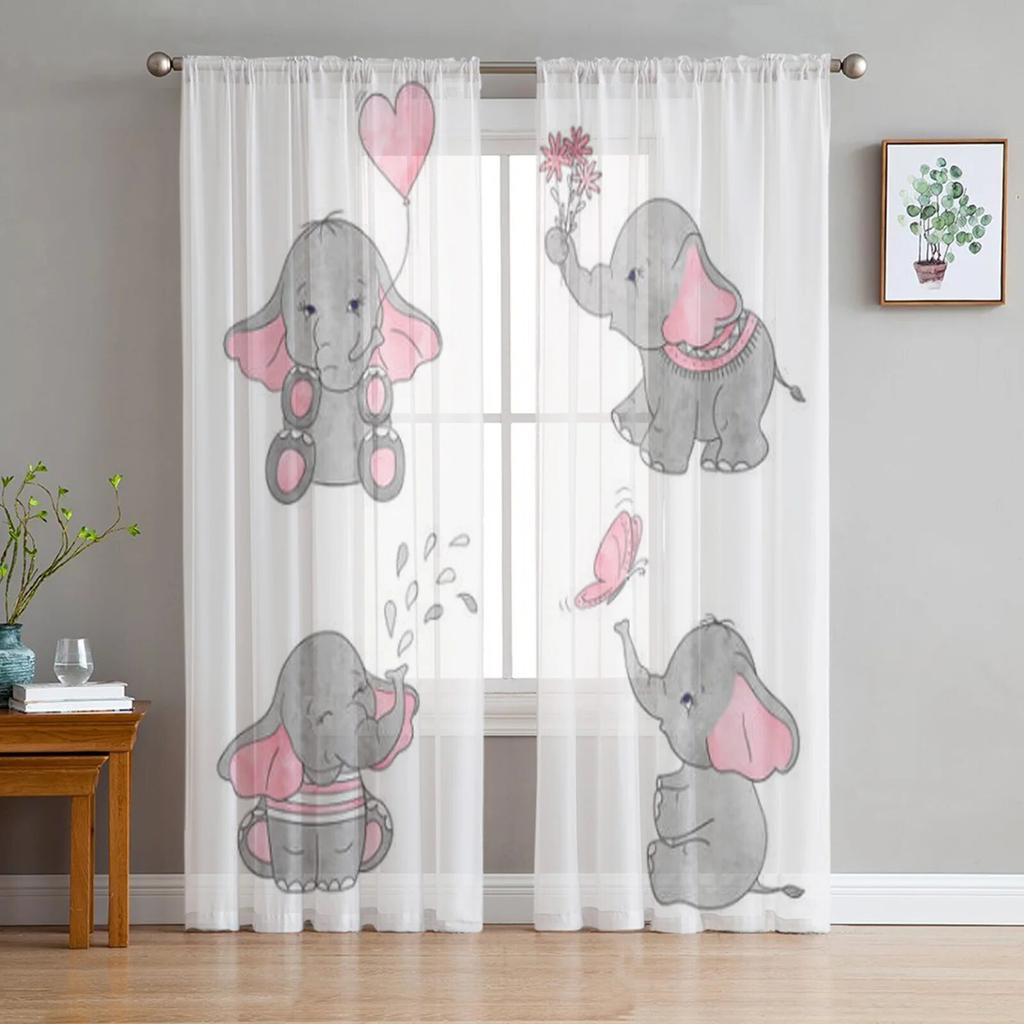 Elephant Mom And Baby Tulle Sheer Curtains For Kitchen Window Living Room Modern Voile Curtain Bedroom Drapes