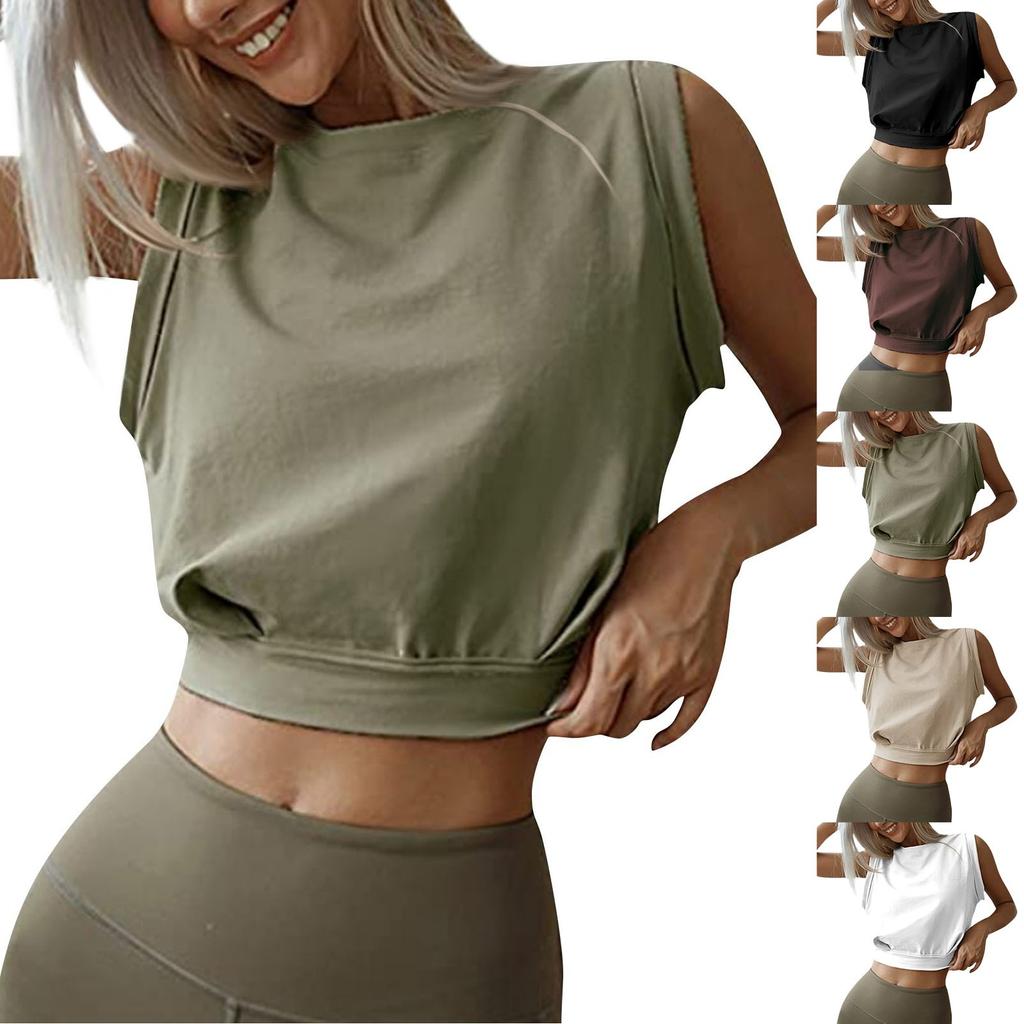 Lockeres, lässiges, einfarbiges, kurzes, ärmelloses Oberteil mit Rundhalsausschnitt für Damen, kurzes, ärmelloses Oberteil mit Rundhalsausschnitt