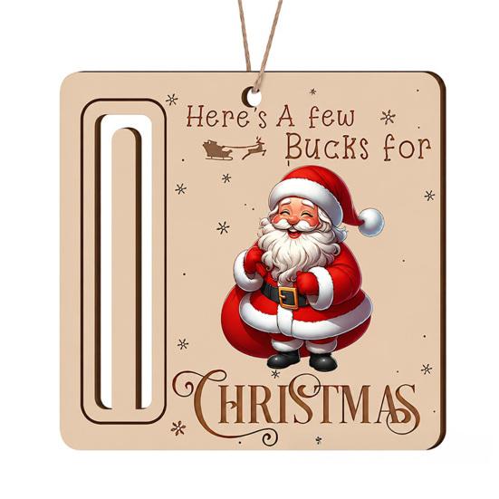 Elk Pattern Xmas Tree Pendants Rustic Santa Reindeer Money Holder Ornament, Wooden Cash Gift Card Winter Holiday Home Decorations Clip with