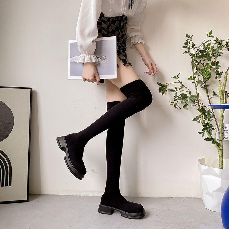 Fashion Black Knitted Elastic Sock Above Over The Knee Shoes Woman Autumn Winter 2025 New Round Toe Platform Thigh High Boots for Women