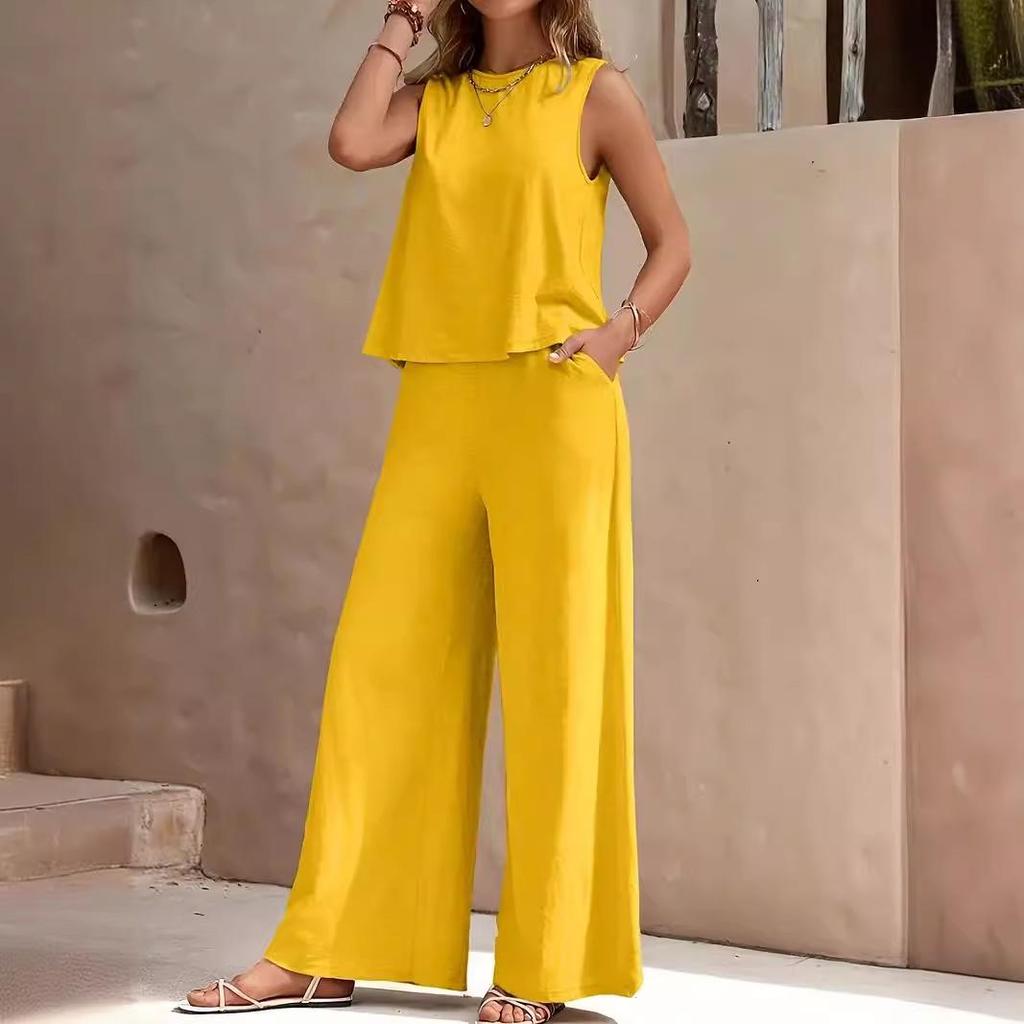 Elegant Solid Color Two-Piece Set: Crew Neck Tank Top & Wide-Leg Pants - Women's Clothing 2026