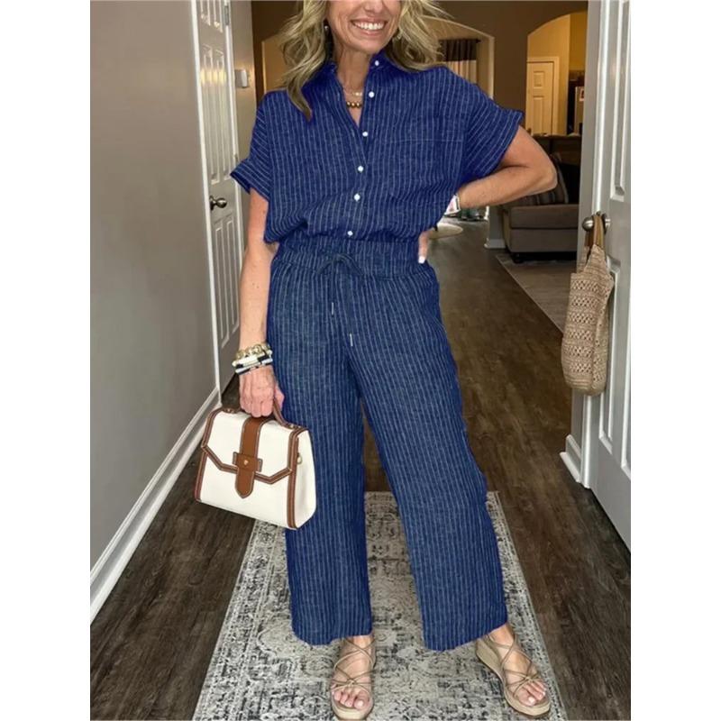 Classic Spring Autumn Striped Printed Short Sleeve Shirt Set Retro Casual Loose Waist Trousers Women's Suit