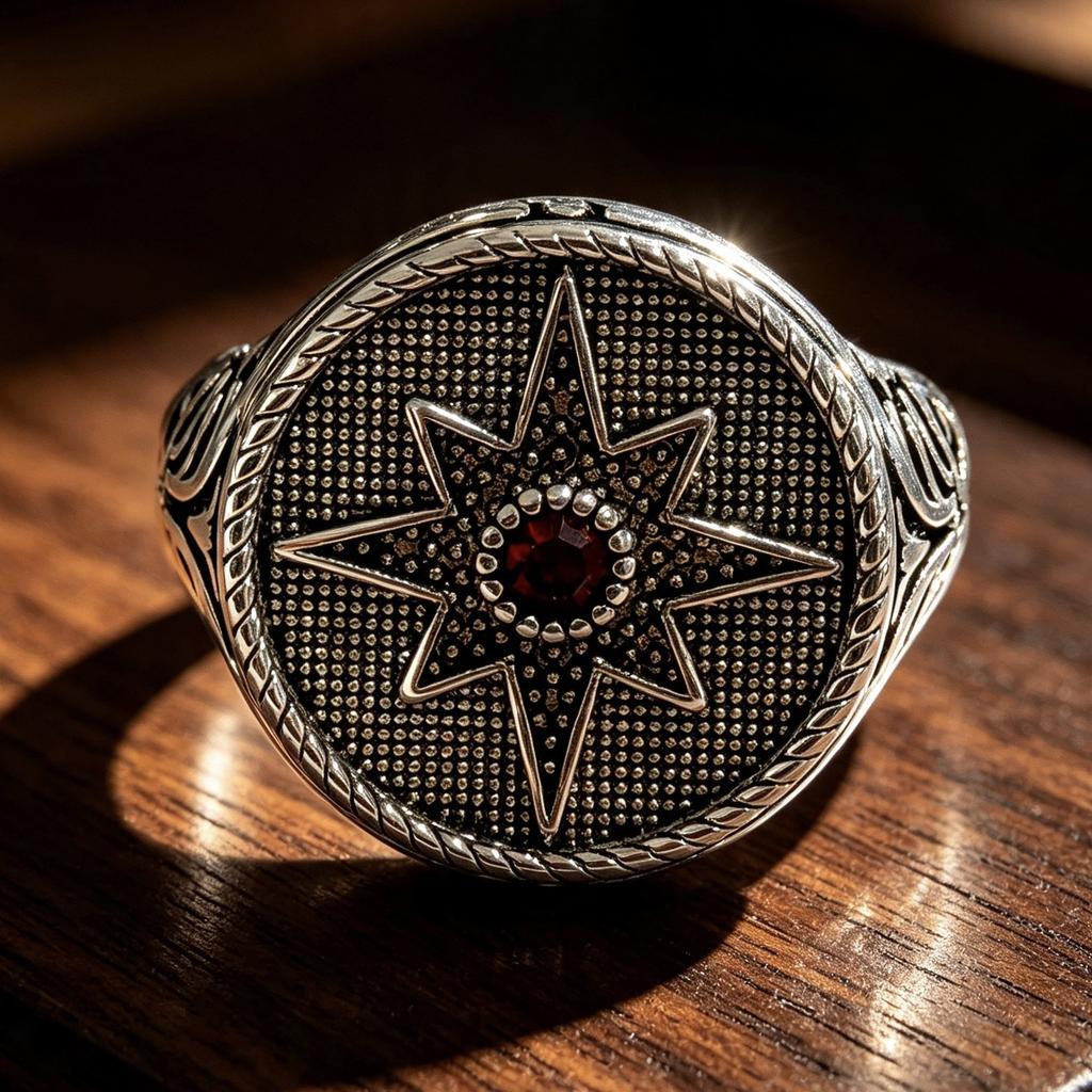 Punk Retro Ancient Silver North Star Shape Rings for Men Classic Red Zirconia Personality Jewelry Fashion Accessories
