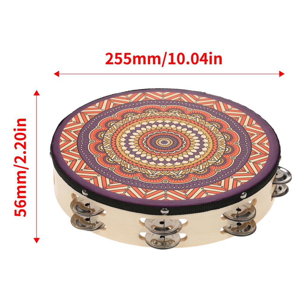 8 Inch Wooden Tambourine Handbell Hand Drum with Double Row 12pcs Metal Cymbals Jingles Musical Percussion Instrument
