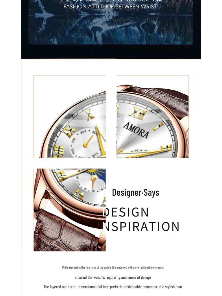 Pánské módní luminiscenční quartzové mechanické hodinky s koženým řemínkem a kolíčkovou sponou - Vodotěsné náramkové hodinky