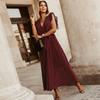 Women's V Neck Ruffle Sleeve Solid Color A Line High Waist Casual Long Dress