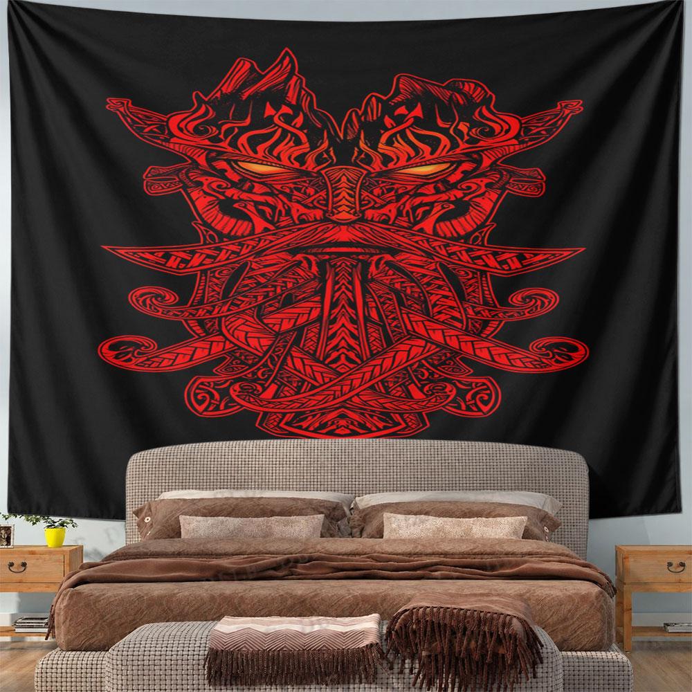 Fiery Viking Mask Design Pattern Wall Hanging Tapestry Decorative Tapestry Home Decor for Bedroom and Living Room