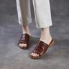 Johnature Retro Outerwear Slippers Genuine Leather Soft Soled Peep Toed Flat Women's Slides