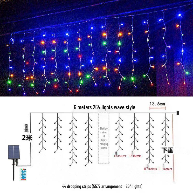 Solar LED Color Waterfall Curtain Lights - Outdoor Waterproof Decorative Christmas Icicle Lights
