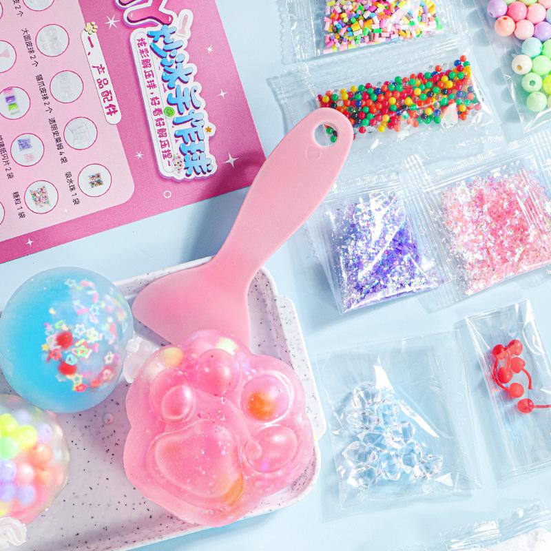 Squishy Diy Making Kit Cat Paw Glitter Stress Ball Handmade Material Pack Squeeze Fidget Toy Stress Easing Creative Gift For Kid