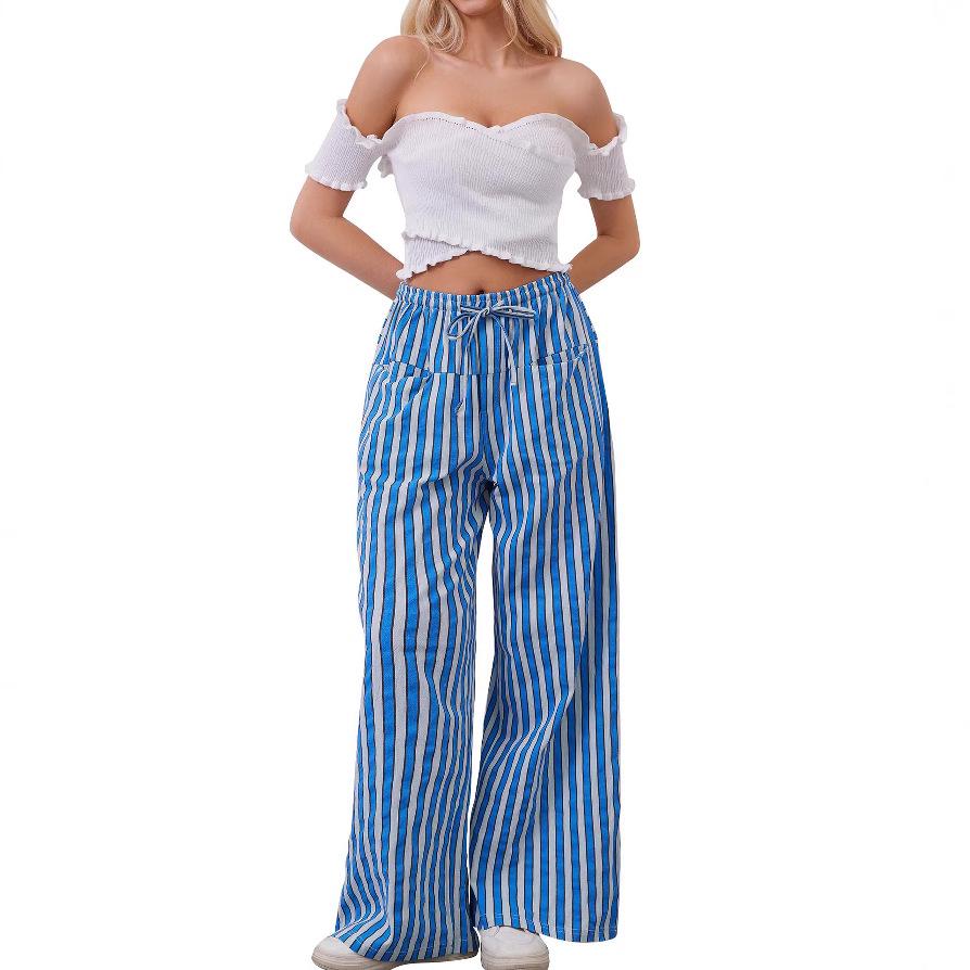 2024 Women's European & American Casual Striped Low Waist Wide Leg Drawstring Multi-Pocket Pants