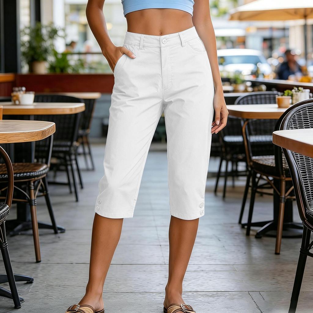 Women High Waist Loose Fit Wide Leg Capri Shorts with Pockets Button Relaxed Fit Long Hiking Shorts for Outdoor Activities