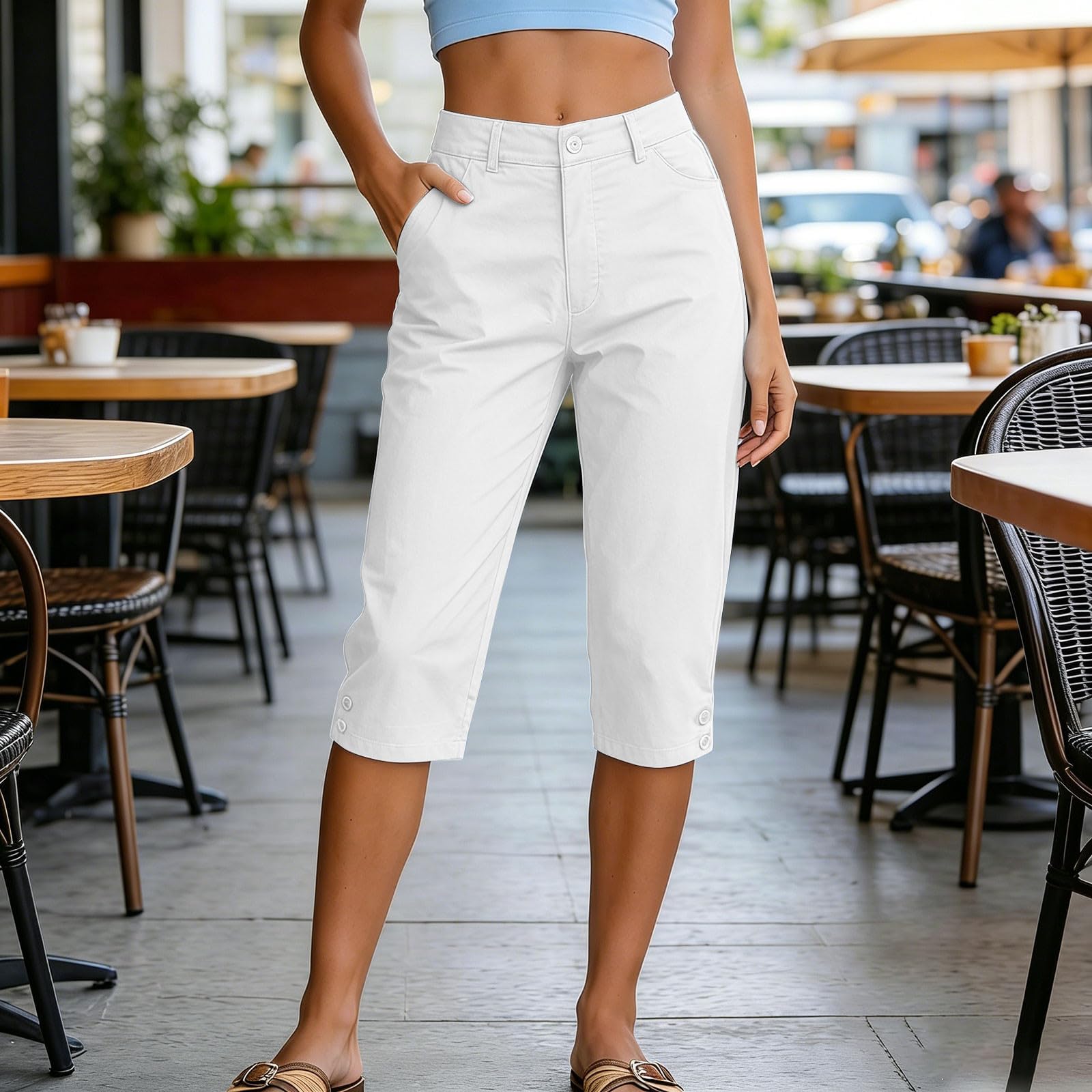 

Women High Waist Loose Fit Wide Leg Capri Shorts with Pockets Button Relaxed Fit Long Hiking Shorts for Outdoor Activities S білий