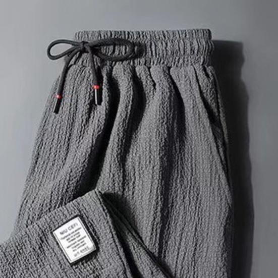 Men Pants Ice Silk Elastic Waist Drawstring Summer Mid Waist Pockets Trousers Streetwear