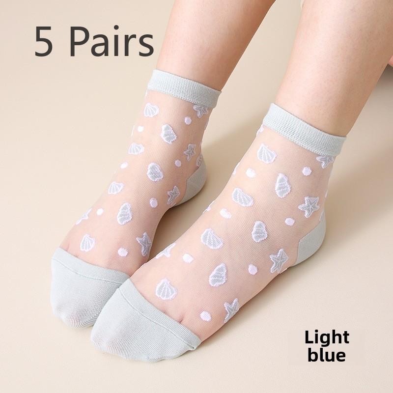 5 Pairs Women's Summer Thin Glass Fiber Midtube Socks Starfish Crystal Caisson Stockings