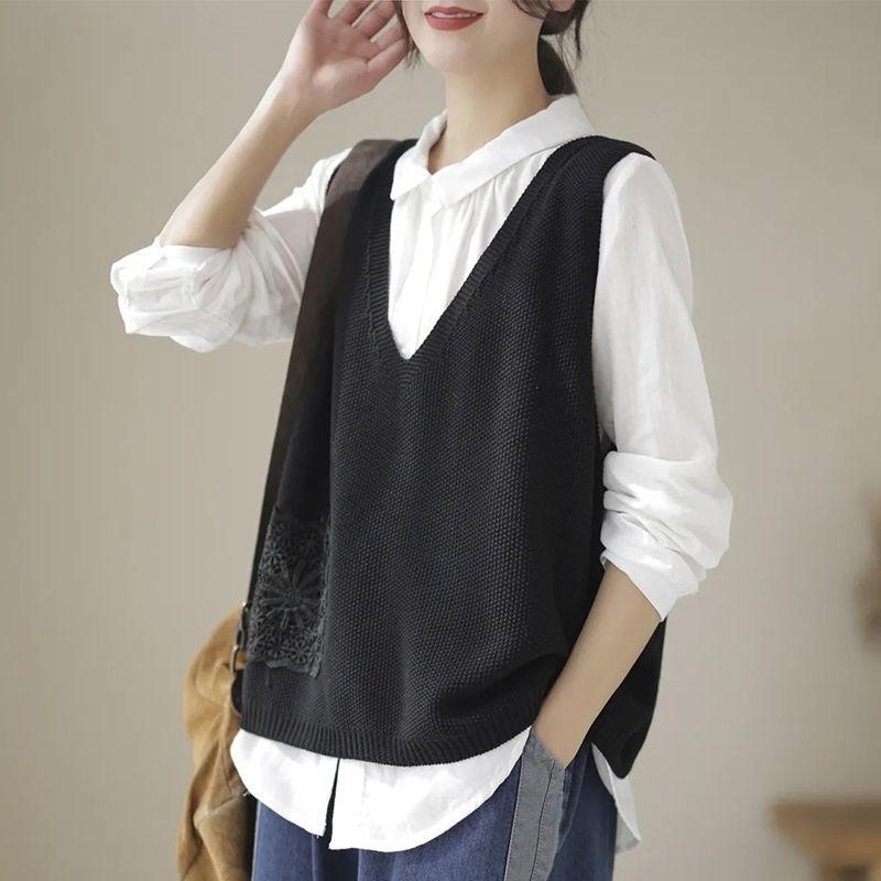 

Женский тонкий вязаный жилет с V-образным вырезом, для ношения поверх одежды, в корейском стиле, свободного кроя, однотонный, кардиган в японском стиле 3XL чёрный