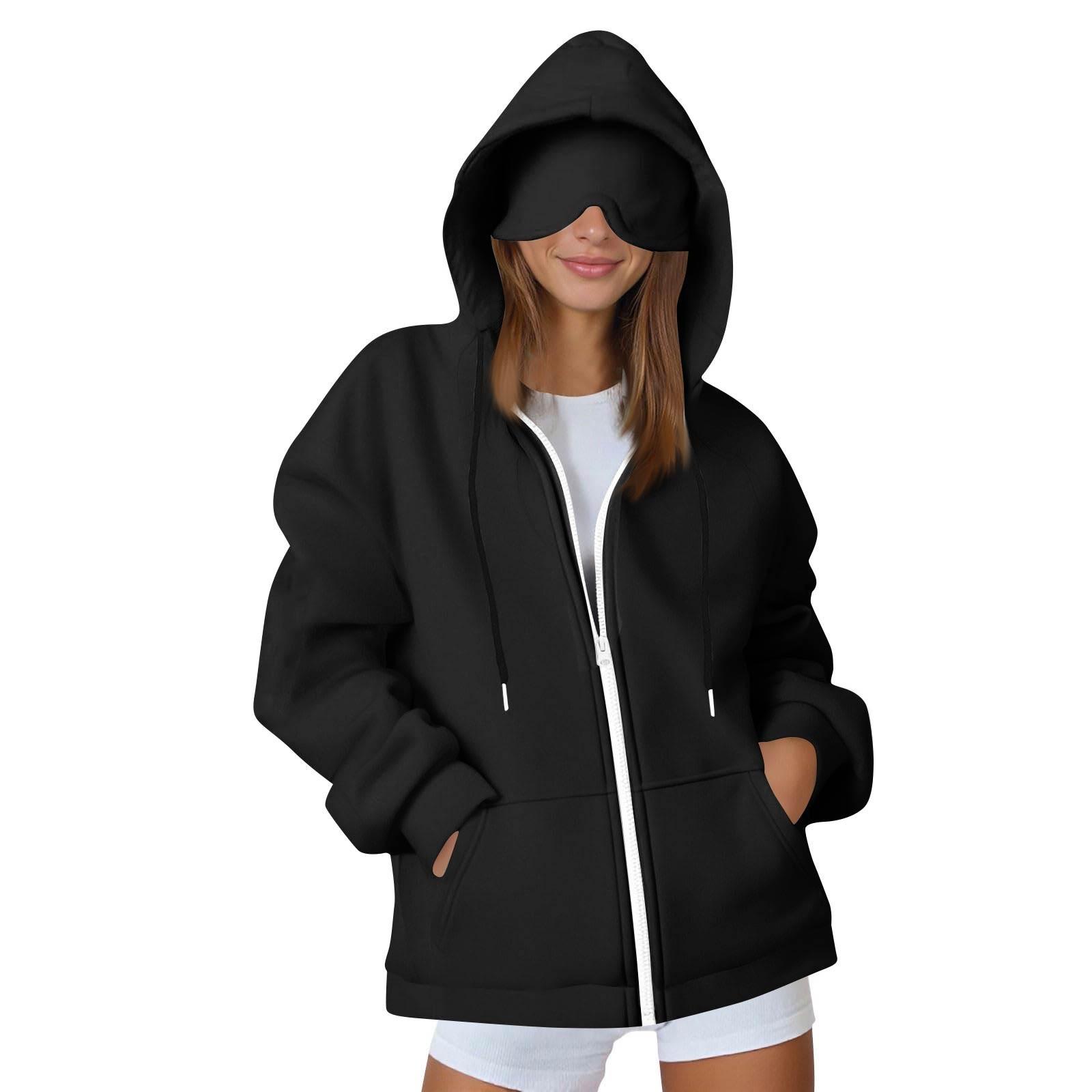 Women s Hooded Long Sleeve Zip Up Oversized Hoodie with Built-In Eye Mask Casual Sweatshirt S