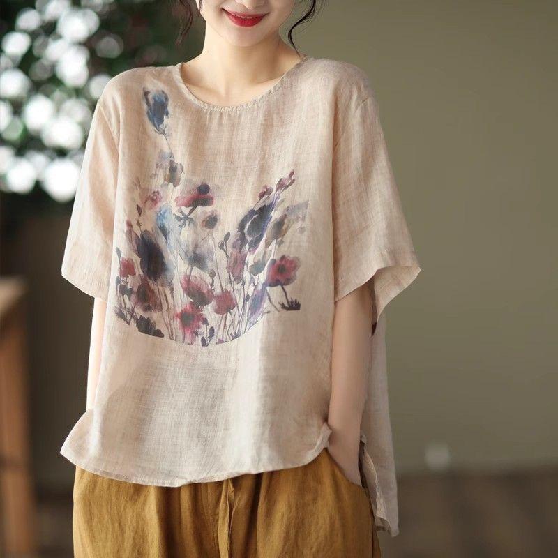 Printed design short-sleeved cotton and linen top summer new versatile literary and retro T-shirt women