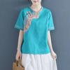 Summer Ethnic Style Embroidered Cotton Linen Shirt for Women Loose Round Neck Color Blocked Plate Buckle Retro Pure Cotton Short Sleeved T-shirt