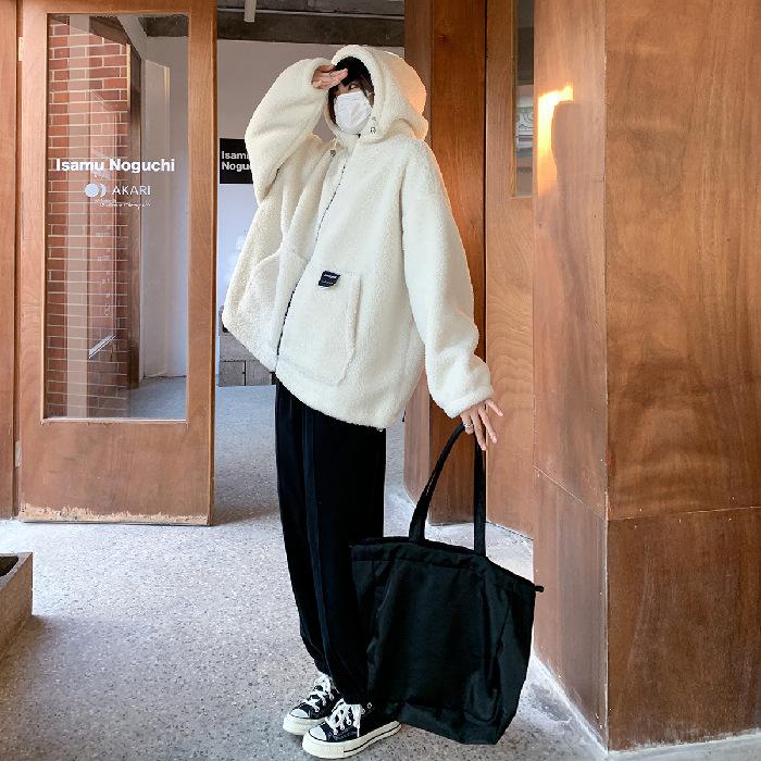 Lambskin Thickened Hooded Jacket for Women, Loose and Warm Cotton-padded Cardigan for Slimming in Autumn and Winter