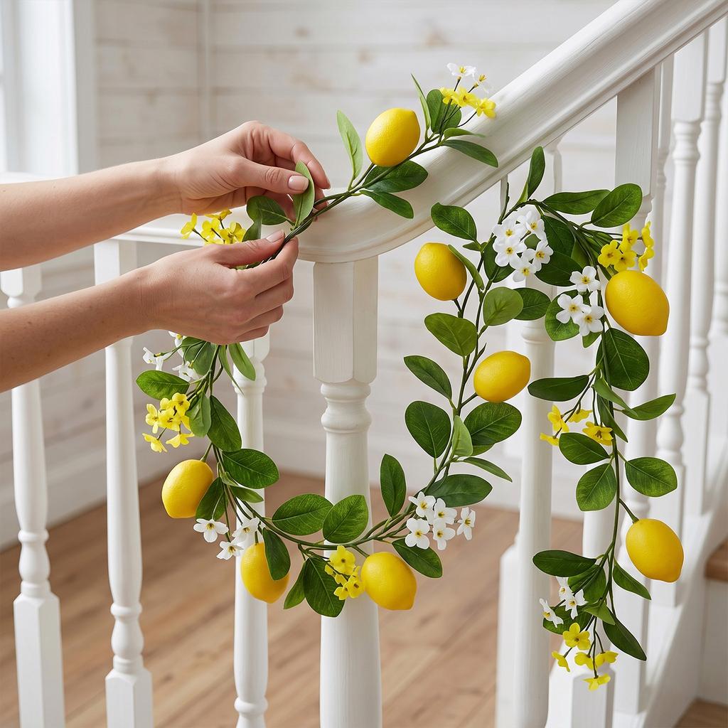 Artificial Lemon Flower Garland Vine with Green Leaves Fake Yellow Lemon Vines for Door Wall Wedding Party Table Decor
