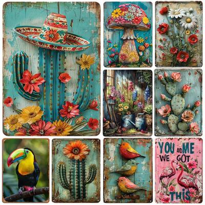 Vintage Vogel Kaktus Flamingo Metall Blechschild Wandkunst für Zuhause, Bar, Garage & Gartendekor | Einfach aufzuhängen Vintage Tierdesign