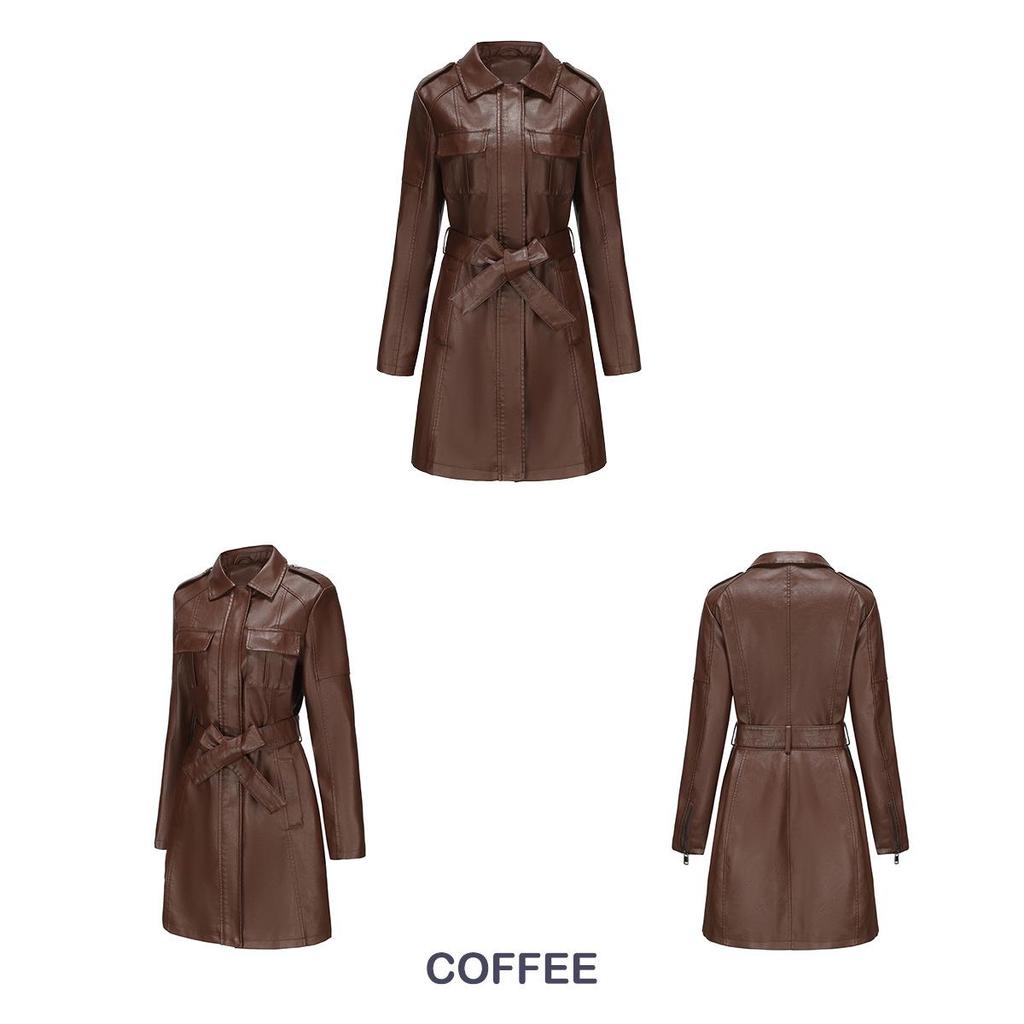 2023 European & American Mid-Length Belted Leather Trench Coat, Long Sleeve, British Style Outerwear for Women