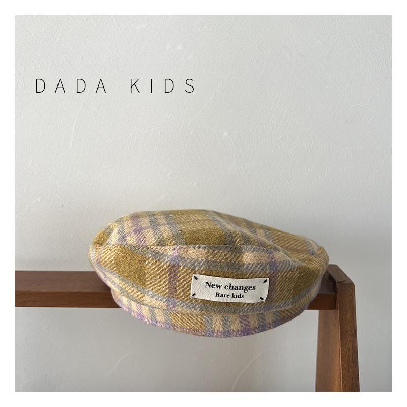 Children's Beret Ins Korean Boys and Girls Retro Woolen Plaid Concave Shape Octagonal Hat Literary Style Painter Hat
