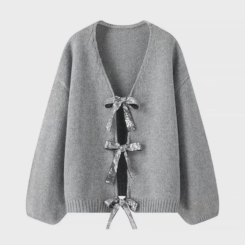2024 Spring Women's Sequined Bowknot Loose Knitted Cardigan Sweater