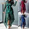TS Women Long Sleeve Bow Belted Irregular Hem Hollow Lace Bodycon Long Dress