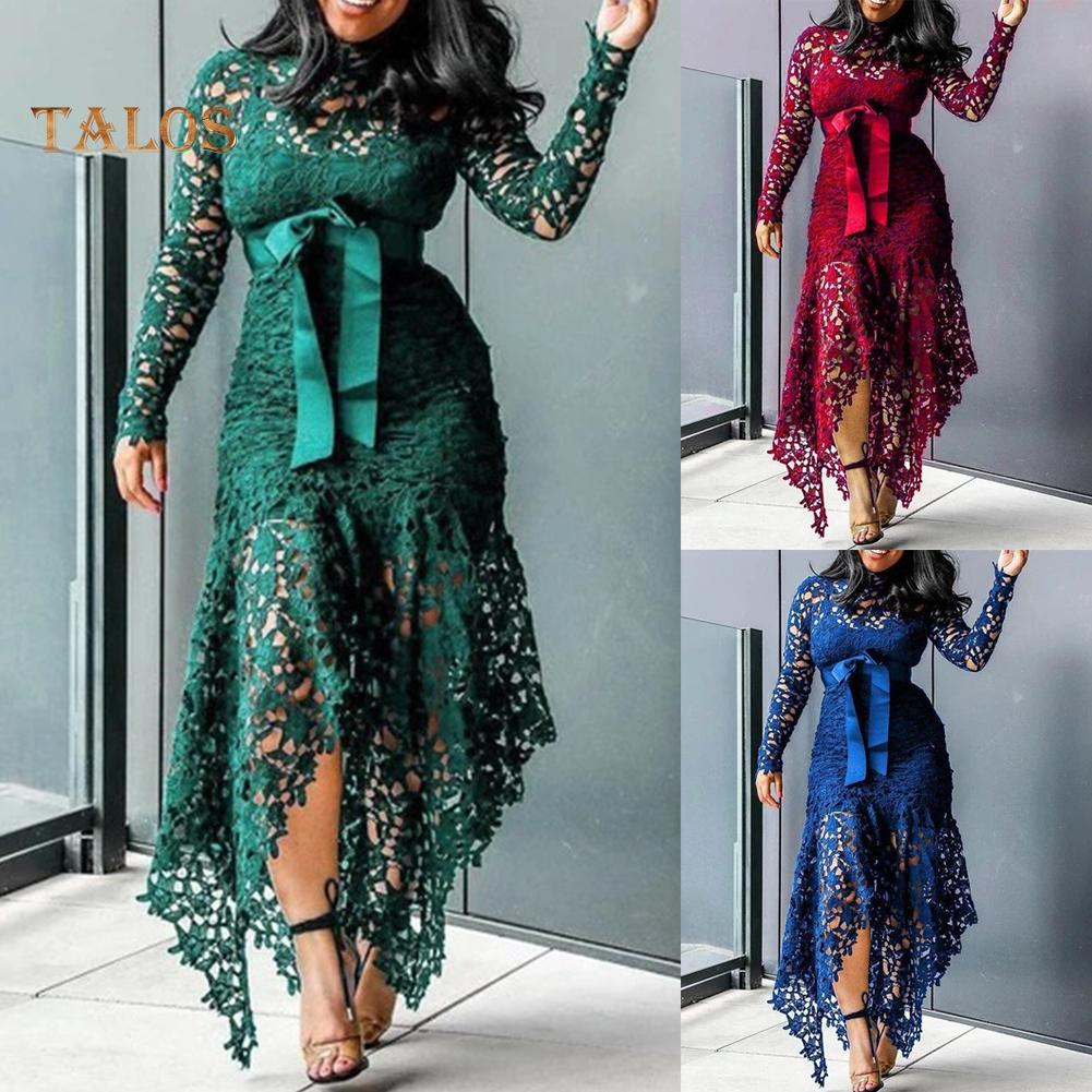 TS Women Long Sleeve Bow Belted Irregular Hem Hollow Lace Bodycon Long Dress