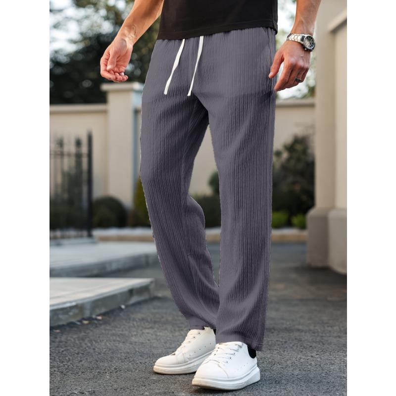 Men Drawstring Elastic Waist Textured Straight Leg Pants Loose Casual Lightweight Trousers