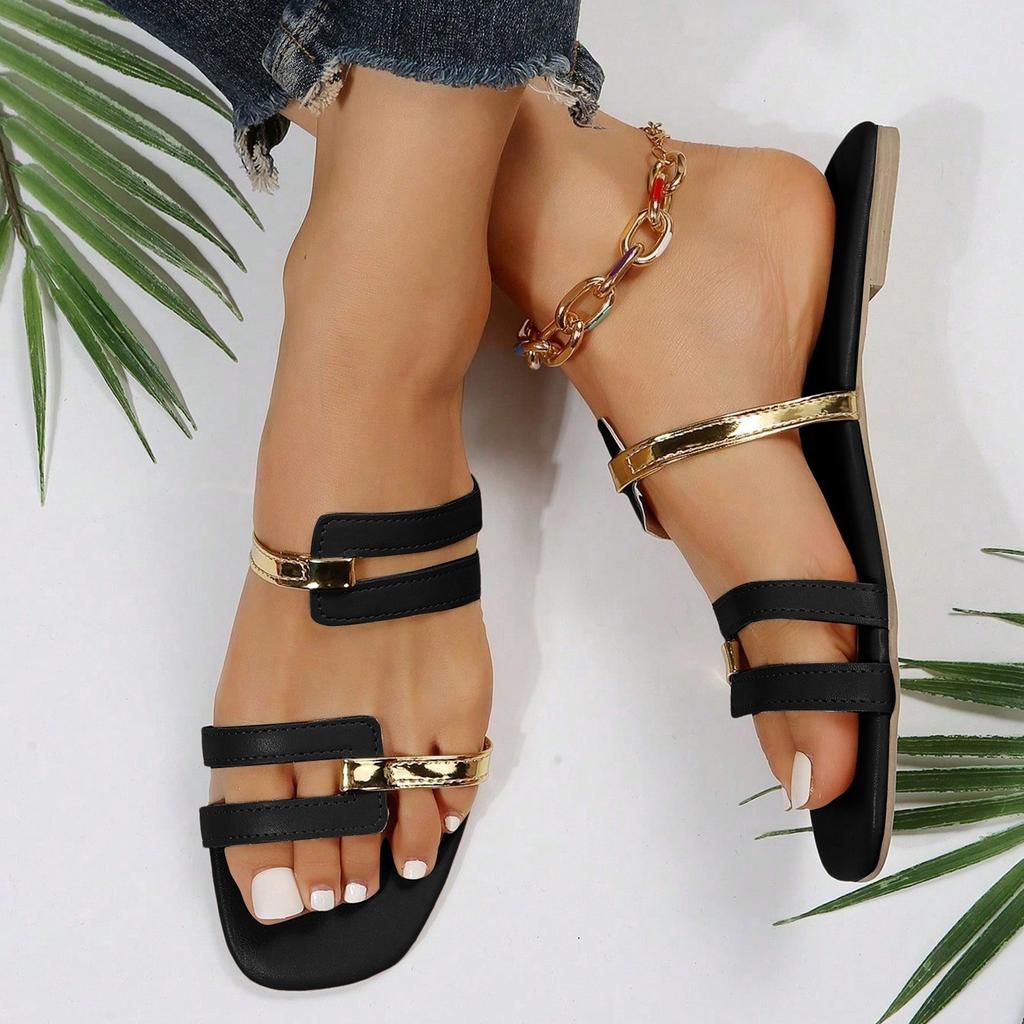 Massage Sandals Women Women'S Flat Soled Fashionable Patchwork Color Square Toe Slippers Fashionable Chaussures Femmes éLéGantes