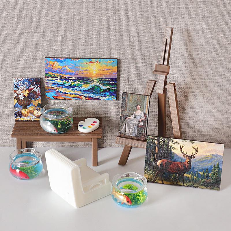 Mini Dollhouse Easel and Table Set - DIY Painting Board and Chair Accessories for Fish Tank or Scene Decor