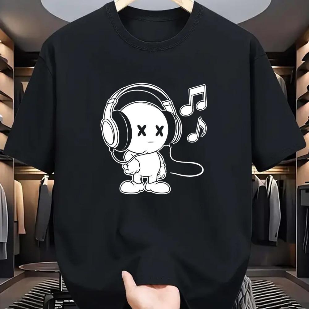 Summer Men's Cotton Casual Loose Fit Music Themed Printed Comfortable Sports Round Neck Short Sleeved T-shirt Top