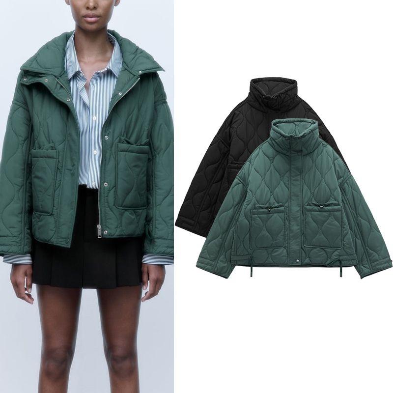Autumn and Winter New Pocket Decoration Loose Long Sleeve Stand Collar Small Rhombus Cotton-padded Jacket Jacket 2969253
