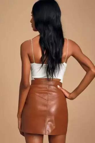 Minifalda de Mujer de Cuero de Diseño de Napa Genuina Marrón Suave de Cintura Alta