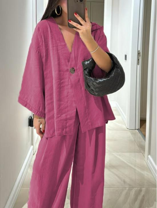 2025 Women's V-Neck Top & Wide-Leg Pants Set - European & American Style