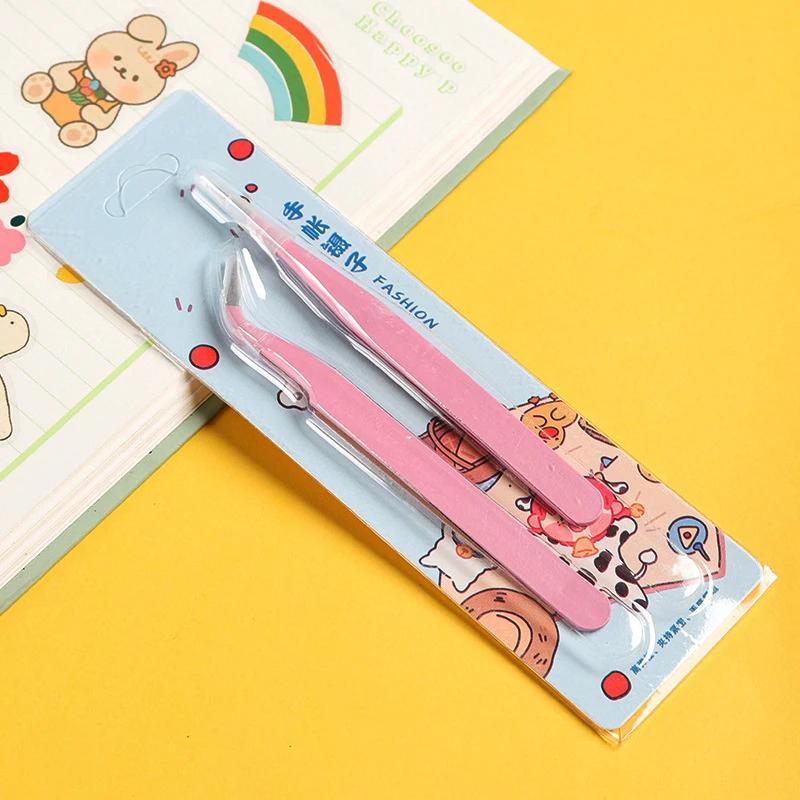 Hand Held Tweezers Made of Stainless Steel DIY, Hand Held with Colorful Macaron Straight Head Curved Eyelash Tweezers