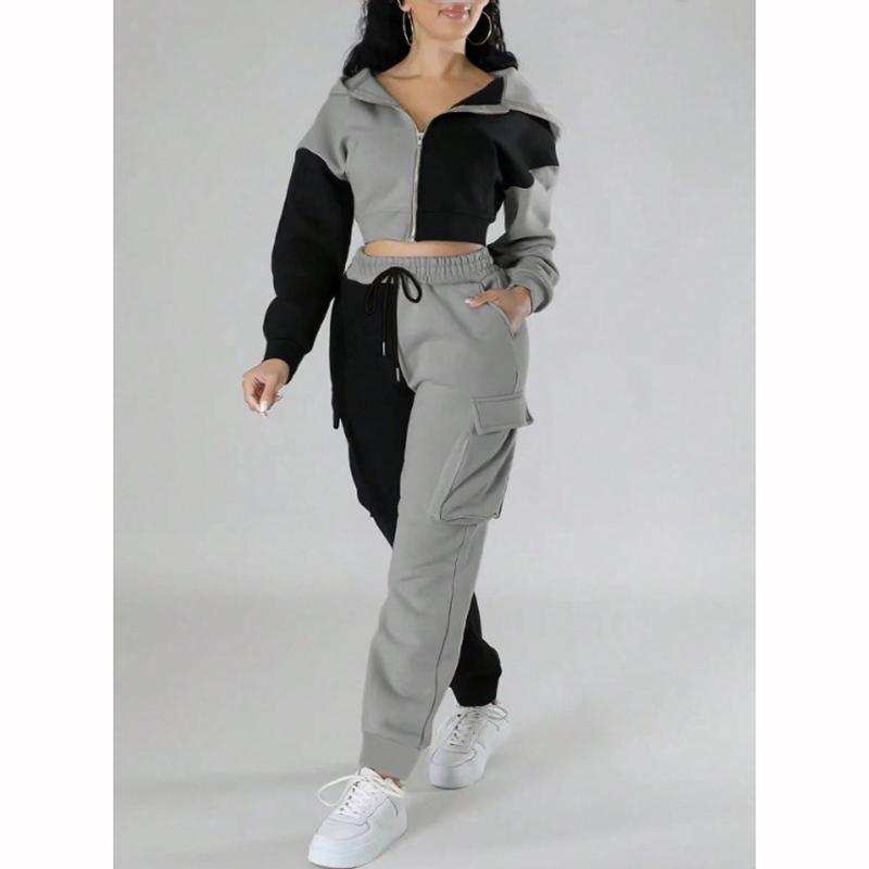 

Женский свободный осенне-зимний костюм, комплекты для сочетания, худи, спортивный костюм, блокированная молния, короткая верхняя одежда, брюки на кулиске M