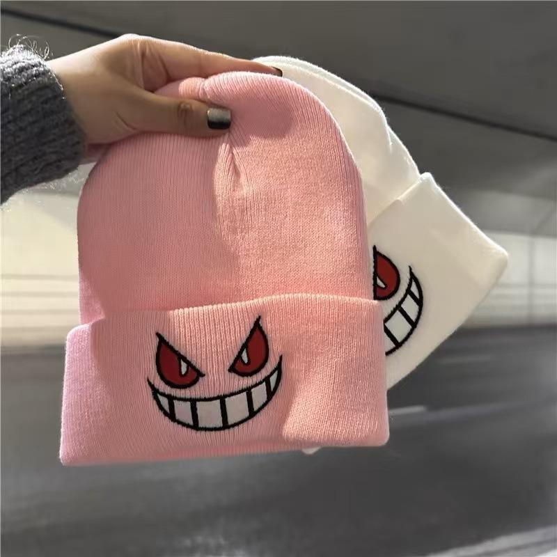 Devil smiley face label wool hat women's autumn and winter warm trend versatile ear protector black knitted hat