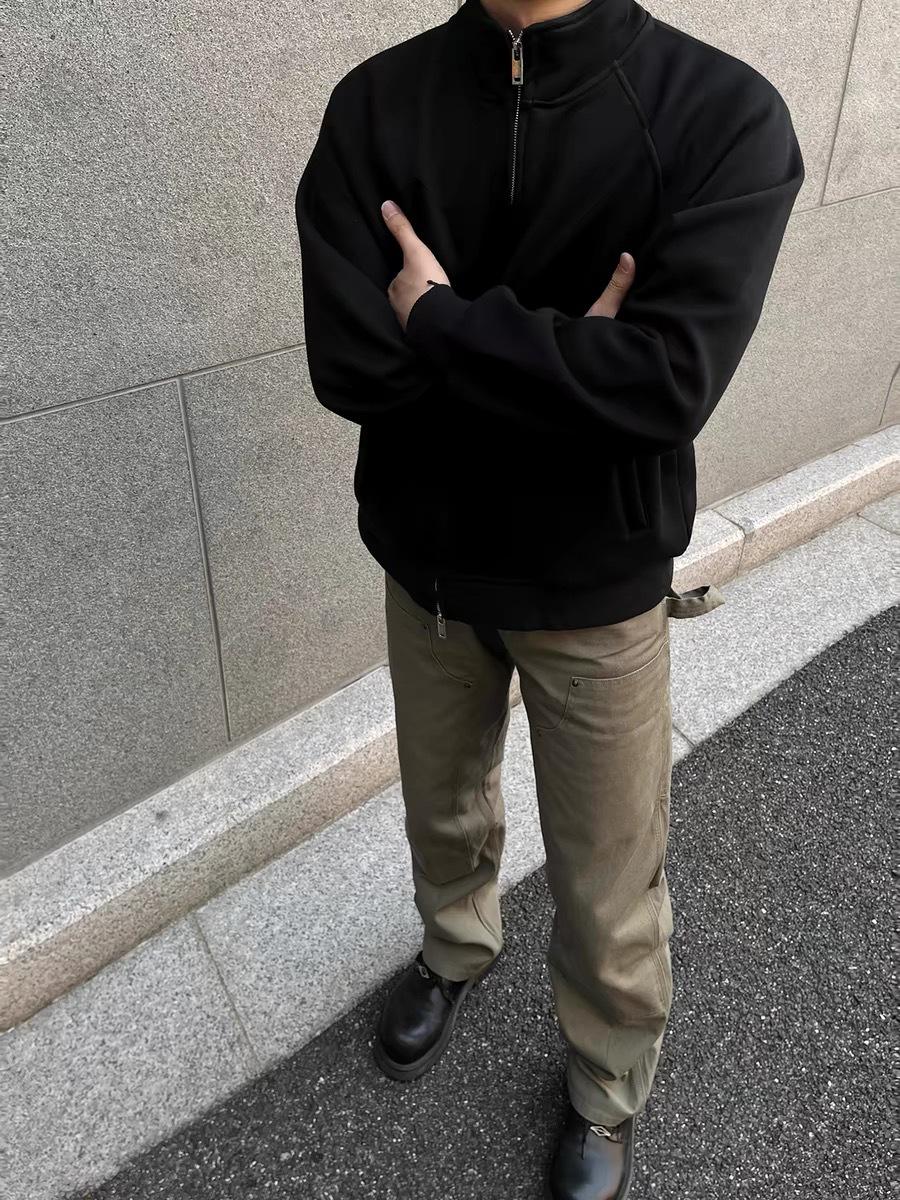 

Men s American Retro Boxy Fit Cleanfit Stand Collar Zipper Cardigan Hoodie Outerwear for Autumn/Winter XXL чорний