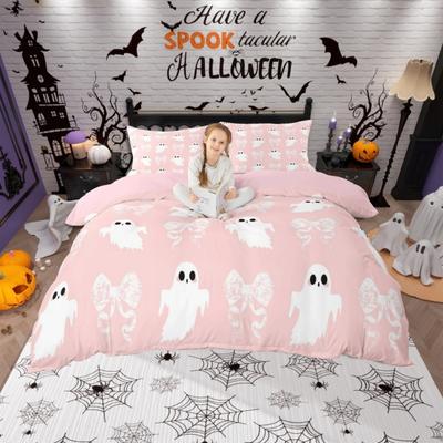 Homewish Mädchenhaftes Rosa Schleifen Bettbezug Set für Kinder, Halloween Geist Druck Bettwäsche Set, Sugar Gothic Wendebettwäsche Set